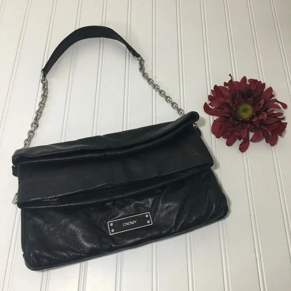 Donna Karan DKNY Black Leather Fold Over Chain Strap Purse Clutch Handbag - Picture 1 of 7